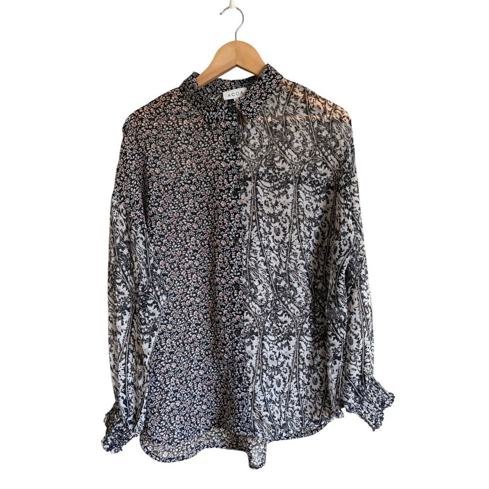 ACOA Size Small Black Floral Sheer Button Front Collared Shirt Bohemian